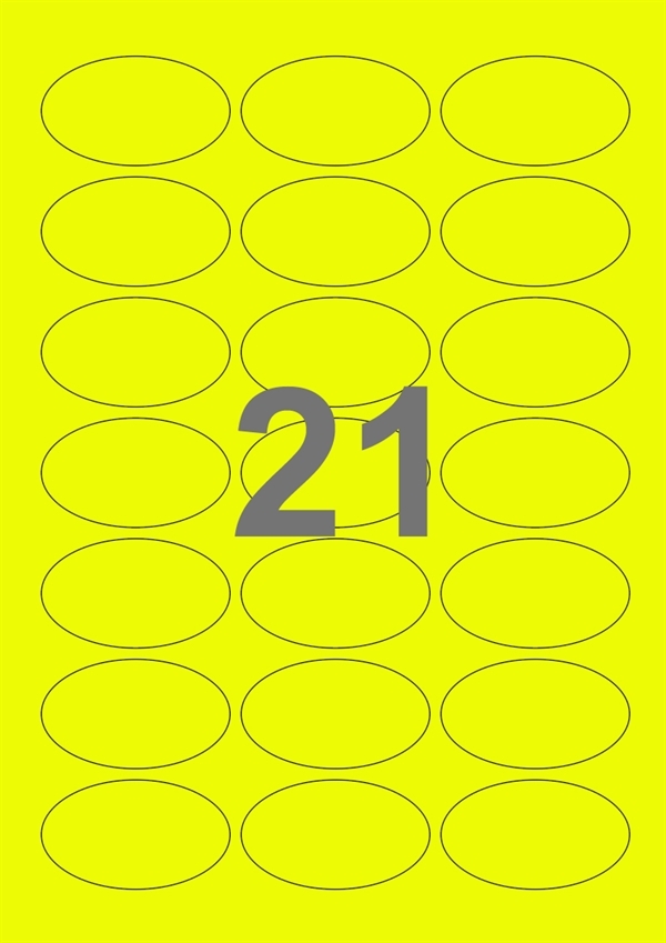 A4-etiketter, ovale, 21 stansade etiketter/ark, 60,0 x 35,0 mm, gul neon, 100 ark